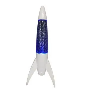 LAMPARA GLITTER FORMA DE COHETE CON BASE BLANCA Y